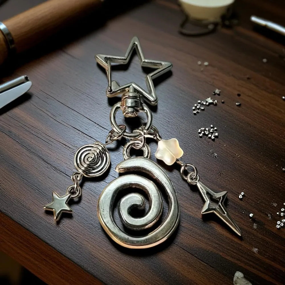 Spider Web Spiral Star Keychain Gothic Aesthetic Key Ring Handmade Jewelry